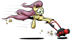 Size: 2000x1130 | Tagged: safe, artist:gray--day, fluttershy, g4, crying, female, gritted teeth, lawn mower, pulling, solo, teary eyes, wide eyes, windswept mane
