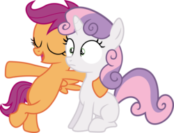 Size: 3836x2934 | Tagged: safe, artist:incognito-i, scootaloo, sweetie belle, pegasus, pony, unicorn, g4, sleepless in ponyville, belly, bipedal, eyes closed, high res, hoof around neck, simple background, transparent background, vector, wide eyes