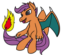 Size: 2300x2000 | Tagged: safe, artist:fantasyglow, scootaloo, charizard, hybrid, g4, crossover, female, high res, pokémon, simple background, solo, transparent background