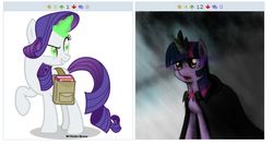 Size: 530x283 | Tagged: safe, artist:sticky-plaster, artist:vector-brony, rarity, twilight sparkle, derpibooru, g4, inspiration manifestation, my little pony: friendship is magic, corrupted, dark magic, exploitable meme, glowing eyes, green eyes, inspirarity, inspiration manifestation book, juxtaposition, juxtaposition win, magic, meme, meta, possessed, saddle bag