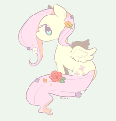 Size: 500x521 | Tagged: safe, artist:milkii-ways, fluttershy, pegasus, pony, g4, cutie mark, female, flower, flower in hair, flower in tail, heart eyes, looking at you, pastel, simple background, sitting, solo, spread wings, wings