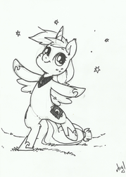 Size: 859x1200 | Tagged: safe, artist:atryl, applejack, princess luna, pony, g4, accessory swap, balancing, bipedal, cardboard wings, clothes, cosplay, costume, cute, female, grayscale, jackabetes, monochrome, silly, silly pony, smiling, solo, traditional art, walking