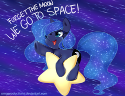 Size: 880x680 | Tagged: safe, artist:omgproductions, princess luna, pony, g4, cute, ethereal mane, female, kirby (series), lunabetes, parody, solo, space, starry mane, stars, tangible heavenly object, unicorn luna, warp star
