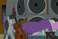 Size: 1024x683 | Tagged: safe, artist:halflingpony, dj pon-3, octavia melody, vinyl scratch, g4, amplifier, bed, cello, cotton balls, glasses, lamp, microphone, musical instrument, revenge, this will end in tears