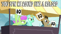Size: 500x281 | Tagged: safe, doctor whooves, lyra heartstrings, merry may, time turner, earth pony, pony, unicorn, g4, leap of faith, season 4, animated, dead or alive (band), female, loop, male, mare, meme, song reference, spinning, stallion, you spin me right round