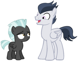 Size: 778x617 | Tagged: safe, artist:dreamcasterpegasus, rumble, thunderlane, pegasus, pony, g4, alternate universe, brothers, colt, duo, duo male, harmony-verse, male, older, role reversal, simple background, stallion, transparent background