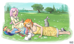 Size: 1500x895 | Tagged: safe, artist:king-kakapo, angel bunny, fluttershy, rainbow dash, spitfire, human, rabbit, g4, alternate hairstyle, barefoot, clothes, dress, feet, field, frown, humanized, on back, on side, open mouth, sitting, sleeping, smiling, snoring