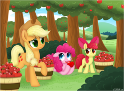 Size: 1156x845 | Tagged: safe, artist:ctb-36, apple bloom, applejack, pinkie pie, earth pony, pony, g4, apple, female, filly, foal, mare