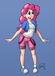 Size: 1350x1849 | Tagged: safe, artist:saymanhd, pinkie pie, human, g4, clothes, converse, female, humanized, midriff, shoes, shorts, solo, suspenders