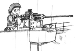 Size: 960x659 | Tagged: safe, artist:buckweiser, oc, oc only, oc:azimuth, autocannon, chaingun, coast guard, grayscale, gun, m242 bushmaster, military, military uniform, monochrome, solo