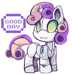 Size: 785x803 | Tagged: safe, artist:ende26, sweetie belle, pony, robot, unicorn, g4, blank flank, dialogue, female, filly, foal, hooves, horn, simple background, solo, sweetie bot, text, white background