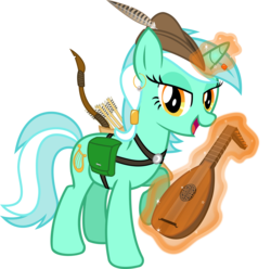 Size: 2042x2026 | Tagged: safe, artist:cheezedoodle96, lyra heartstrings, pony, g4, alternate hairstyle, arrow, bard, bow (weapon), earring, fantasy class, female, harness, looking at you, lute, magic, mare, musical instrument, quiver, simple background, singing, solo, transparent background, vector, wip