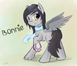 Size: 1023x873 | Tagged: safe, artist:st-el, oc, oc only, hippogriff, blank flank, clothes, green background, heart, looking at you, looking back, paw pads, paws, raised hoof, scarf, simple background, smiling, solo, spread wings