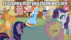 Size: 640x360 | Tagged: safe, edit, edited screencap, screencap, applejack, fluttershy, rainbow dash, rarity, spike, twilight sparkle, g4, the mysterious mare do well, caption, image macro, laughing, meme