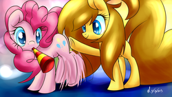 Size: 1280x720 | Tagged: safe, artist:isle-of-forgotten-dreams, pinkie pie, oc, oc:sera, g4, noisemaker