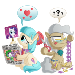 Size: 1000x1000 | Tagged: safe, artist:berrypawnch, coco pommel, mayor mare, rarity, spike, earth pony, pony, unicorn, g4, cathy weseluck, craft, dye, emoticon, eyeshadow, female, foal free press, heart, hoof hold, horn, lesbian, makeup, mare, newspaper, paper doll chain, personality swap, pictogram, scissors, ship:marshmallow coco, shipping, simple background, speech bubble, transparent background, underhoof, voice actor joke