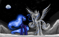 Size: 1280x807 | Tagged: safe, artist:clrb, nightmare moon, princess luna, g4, earth, female, magic, missing accessory, moon, nightmare luna, planet, solo, spread wings, statue