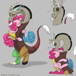 Size: 3300x3300 | Tagged: safe, artist:zabchan, discord, pinkie pie, earth pony, pony, g4, blushing, carrying, cuddling, eyes closed, female, floppy ears, forehead kiss, gray background, grin, holding, hug, kissing, male, mare, shifty eyes, ship:discopie, shipping, simple background, smiling, snuggling, straight, wavy mouth