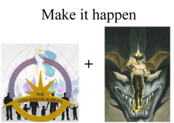 Size: 2000x1405 | Tagged: safe, princess celestia, fanfic:the conversion bureau, g4, akira fudo, akira fudou, devilman, exploitable meme, image macro, make it happen, meme, the conversion bureau, xenolestia