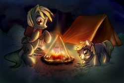 Size: 1072x716 | Tagged: safe, artist:mcstalins, derpy hooves, dinky hooves, pegasus, pony, g4, book, campfire, camping, female, fire, mare, pot, tent