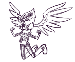 Size: 1006x831 | Tagged: safe, artist:illfric, gilda, griffon, mantis, g4, belly button, female, flying, jumping, mantis griffon, midriff, monochrome, solo, wat