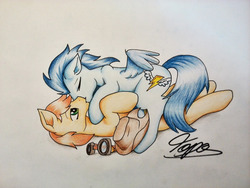 Size: 1280x960 | Tagged: safe, artist:topas-art, braeburn, soarin', earth pony, pegasus, pony, g4, cuddling, gay, kiss on the lips, kissing, lying down, male, on back, ship:soarburn, shipping, signature, snuggling, traditional art