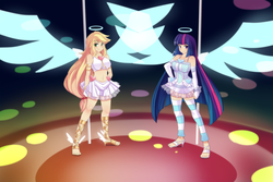 Size: 2710x1807 | Tagged: safe, artist:freedomthai, applejack, twilight sparkle, angel, human, g4, anarchy panty, anarchy stocking, angelic wings, breasts, busty applejack, busty twilight sparkle, duo, female, halo, humanized, panty and stocking with garterbelt, pantyjack, stockinglight, twilight sparkle (alicorn), wings