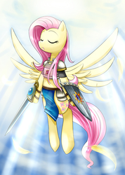 Size: 1768x2480 | Tagged: safe, artist:roshichen, fluttershy, pegasus, semi-anthro, g4, armor, eyes closed, feather, female, floating, open mouth, pixiv, shield, solo, spread wings, sword, tail, weapon, wings