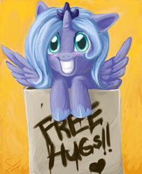 Size: 600x739 | Tagged: safe, artist:devipotato, princess luna, g4, female, filly, free hugs, s1 luna, solo, woona