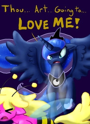 Size: 1600x2200 | Tagged: safe, artist:mephikal, cherry berry, princess luna, g4, luna eclipsed, bee costume, clothes, flutterrage, traditional royal canterlot voice, you're going to love me