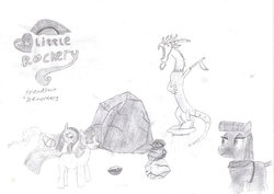 Size: 1024x724 | Tagged: safe, artist:ed-skar, boulder (g4), discord, fluttershy, maud pie, rocky, tom, twilight sparkle, g4, maud pie (episode), stare master, logo, pencil drawing, rock, statue, stoned, traditional art, wip