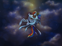 Size: 1000x741 | Tagged: safe, artist:august-shire, rainbow dash, soarin', g4, blank flank, cloud, cloudy, eye contact, female, flying, lens flare, love, male, night, ship:soarindash, shipping, smiling, spread wings, straight