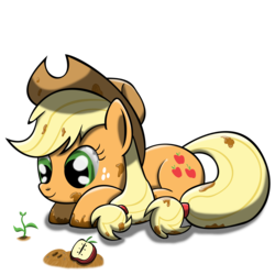 Size: 2500x2500 | Tagged: safe, artist:bigshot232, applejack, bloomberg, g4, apple, dirty, female, mud, plant, prone, smiling, solo, sprout
