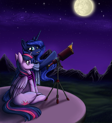 Size: 1250x1375 | Tagged: safe, artist:longinius, princess luna, twilight sparkle, alicorn, pony, g4, clothes, female, lessons, mare, moon, night, open mouth, pointing, scarf, sitting, sky, smiling, stargazing, stars, telescope, twilight sparkle (alicorn)