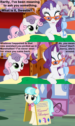 Size: 1280x2160 | Tagged: safe, artist:beavernator, coco pommel, rarity, sweetie belle, earth pony, pony, unicorn, g4, comic, female, filly, foal, frown, glasses, grin, horn, mare, rarity's glasses, sandwich board, smiling