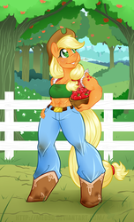 Size: 1600x2626 | Tagged: safe, artist:meb90, applejack, earth pony, anthro, g4, abs, alternative cutie mark placement, applebucking thighs, applejacked, bandeau, belly button, female, midriff, muscles, solo, sweet apple acres