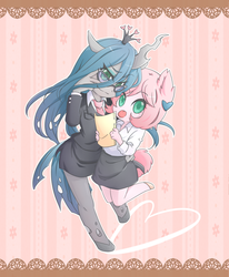 Size: 700x849 | Tagged: safe, artist:mow, queen chrysalis, oc, oc:fluffle puff, anthro, g4, :p, ambiguous facial structure, business suit, businessalis, businessmare, clothes, female, glasses, lesbian, looking at you, pixiv, secretary, ship:chrysipuff, shipping, skirt, smiling, tongue out