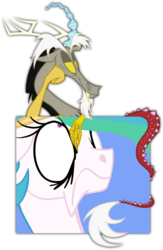 Size: 663x1014 | Tagged: safe, artist:grievousfan, discord, princess celestia, g4, celestia is not amused, discord being discord, duo, fourth wall, varying degrees of amusement