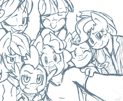 Size: 1230x1009 | Tagged: safe, artist:nolycs, applejack, fluttershy, pinkie pie, rainbow dash, rarity, spike, twilight sparkle, anthro, g4, lineart, mane seven, mane six, monochrome, selfie