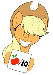 Size: 880x1250 | Tagged: safe, artist:kas92, artist:venezolanbrony, edit, applejack, earth pony, pony, g4, approval, cute, female, grin, jackabetes, mare, score, score card, score cards, simple background, solo, that pony sure does love apples