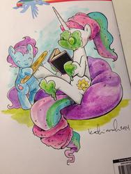 Size: 852x1136 | Tagged: safe, artist:katie cook, princess celestia, g4, blushing, book, cucumber, mud mask, nail file, reading, smiling, spa, towel, traditional art