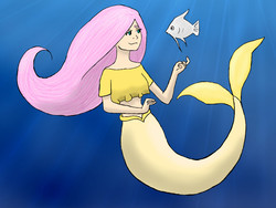 Size: 960x720 | Tagged: safe, artist:muffinsja, fluttershy, fish, mermaid, g4, female, mermaidized, midriff, solo, underwater, watershy