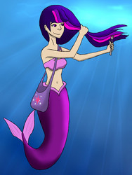 Size: 720x960 | Tagged: safe, artist:muffinsja, twilight sparkle, human, mermaid, g4, belly button, dinglehopper, female, fork, humanized, mermaidized, midriff, solo, underwater