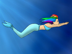 Size: 960x720 | Tagged: safe, artist:muffinsja, rainbow dash, mermaid, g4, female, halterneck, mermaidized, midriff, solo, underwater