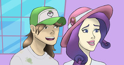 Size: 1280x675 | Tagged: safe, artist:muffinsja, hayseed turnip truck, rarity, human, g4, hat, humanized, scene interpretation