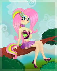 Size: 1280x1599 | Tagged: safe, artist:ogoroman, fluttershy, equestria girls, g4, my little pony equestria girls: rainbow rocks, belly button, blushing, clothes, female, high heels, midriff, skirt, solo