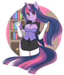 Size: 800x940 | Tagged: safe, artist:prisma-neko, twilight sparkle, anthro, g4, breasts, busty twilight sparkle, cleavage, clothes, evening gloves, female, socks, solo, thigh highs