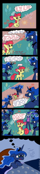 Size: 603x2589 | Tagged: safe, artist:tifu, apple bloom, nightmare moon, princess luna, vice principal luna, earth pony, pony, equestria girls, g4, bed, calendar of lunas, comic, dream, inception, multeity