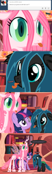 Size: 650x2125 | Tagged: safe, artist:mixermike622, queen chrysalis, twilight sparkle, oc, oc:fluffle puff, alicorn, pony, tumblr:ask fluffle puff, g4, :p, comic, confused, female, fluffy, hissing, mare, palette swap, role reversal, smiling, tongue out, tumblr, twilight sparkle (alicorn)