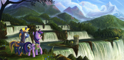 Size: 5000x2428 | Tagged: safe, artist:devinian, twilight sparkle, oc, oc:zephyr, alicorn, lizard, pony, reptile, g4, canon x oc, female, forest, grin, mare, mountain, neighagra falls, open mouth, raised hoof, saddle bag, scenery, scenery porn, smiling, twilight sparkle (alicorn), twiphyr, waterfall